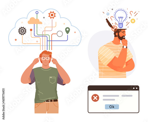 Man brainstorming ideas with gears and cloud network, another thinking with light bulb, browser error alert. Ideal for creativity, critical thinking, innovation, technology, troubleshooting