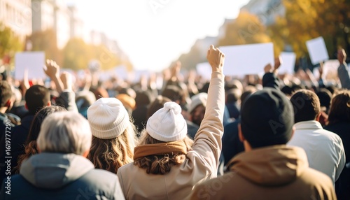 A large crowd of protestors seen from behind, arms raised in the air, with signs visible in the distance