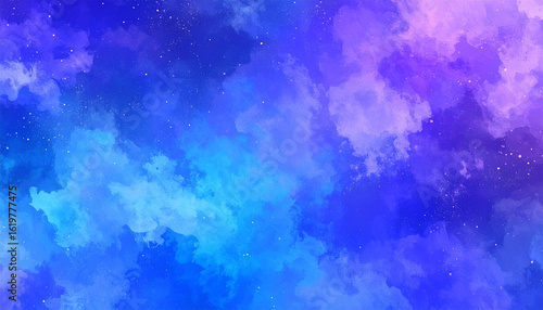 Abstract watercolor painting featuring a vibrant blend of blue, purple, and cyan hues, resembling a cloudy sky.