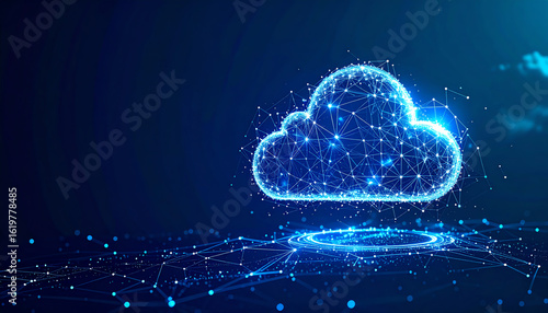 A glowing, digital cloud made of interconnected lines and dots, symbolizing data storage and connectivity in a futuristic setting