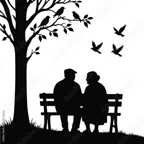 elderly couple, old family, two people happy time sitting on a bench under a tree, with birds flying and perched on the branch