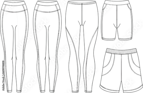 Flat sketch vector illustration of women's leggings and shorts, activewear technical cad drawing, front and back detailed outline design