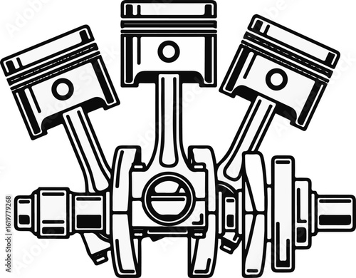 Vector art of engine pistons and crankshaft isolated on white background