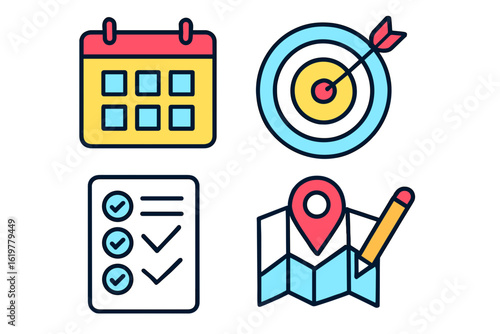 icons of calendar, target, checklist, and map for planning tasks planning visualization icons