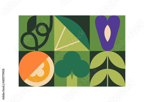 Modern collage with abstract pattern of flowers, fruit, vegetables in cubism style. Contemporary wall art with green leaves, plants. Stylized decoration with geometric nature. Flat vector illustration
