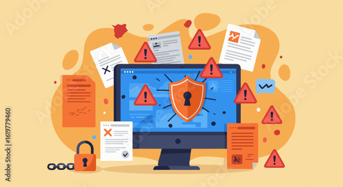 Illustration depicting computer security, data breaches, and information protection.