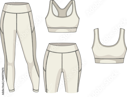 Women's workout outfit CAD sketch, beige activewear fashion illustration, leggings shorts sports bra technical flat vector for gym design