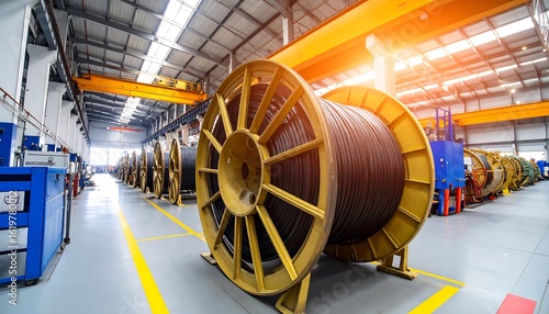 Large Cable Spools in Industrial Warehouse with Overhead Crane and Bright Lighting