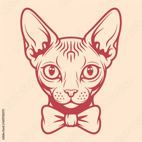 Elegant Sphynx Cat Portrait with Bow Tie in Vintage Style Illustration