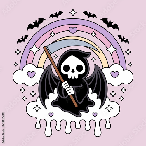 Cute Grim Reaper with Rainbow and Bats Cartoon Illustration