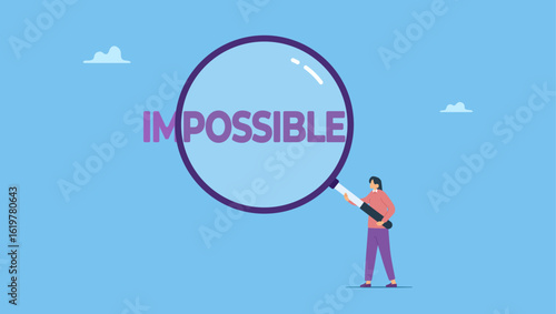 Businesswoman searching and focus only possible word instead of impossible word. Make it possible, focus on only possible or motivation, challenge or hope to overcome difficulty and achieve success.
