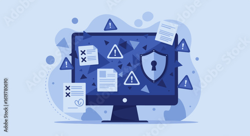 A computer screen displaying security warnings, documents, and a shield.