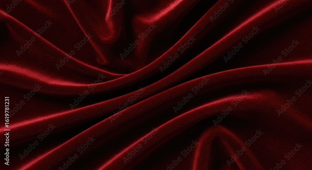 Obraz premium Red velvet cloth featuring gentle ripples and smooth curves, offering a rich, elegant texture perfect for luxury fashion or wallpaper design. High-definition red fabric with soft, flowing folds. 