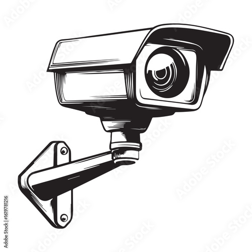 A stark black silhouette of a modern CCTV security camera