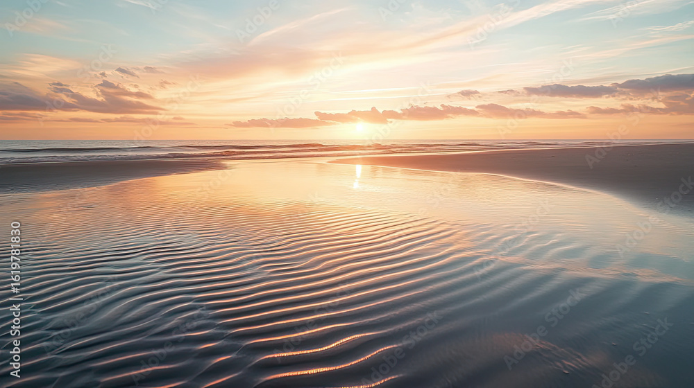 Fototapeta premium Tranquil beach sunset with soft ocean ripples reflecting colorful sky, peaceful seascape capturing serene natural beauty and relaxing evening light perfect for calm and nature themes 