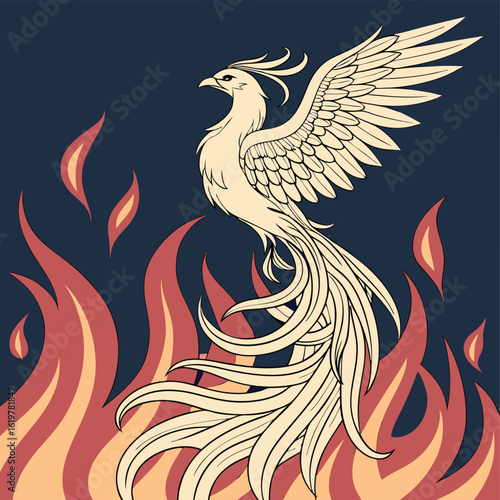 Phoenix rising from flames fire bird mythology fantasy illustration concept of rebirth and renewal with wings spread wide vector art design
