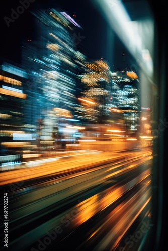 Blurry night cityscape viewed from a moving vehicle