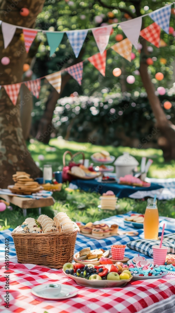 Fototapeta premium Vibrant and Festive Outdoor Picnic Celebration in a Lush Garden Setting, Adorned with Colorful Decorations and Delicious Food for a Joyful Summer Gathering.