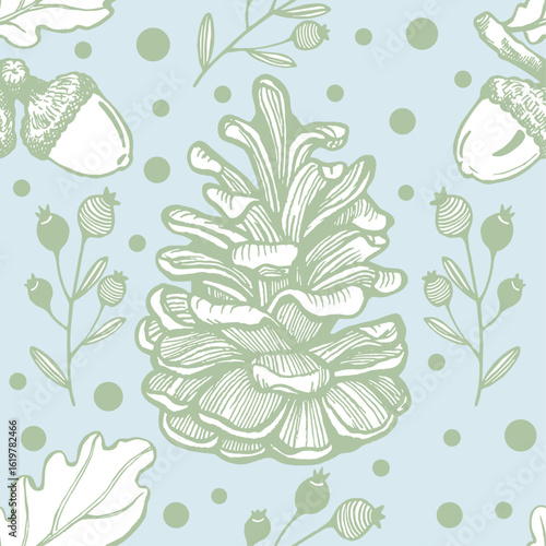 Vector illustration hand made, Forest patterns, pine cone and lingonberry for autumn