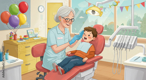 Cheerful pediatric dentist examining a young boy's teeth in a colorful, child-friendly clinic. Children's oral healthcare illustration.