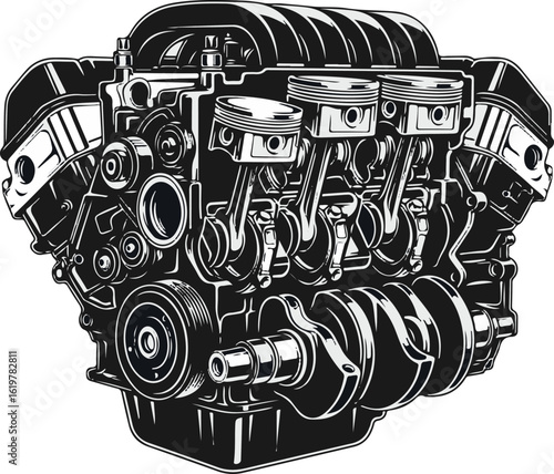 Vector art of v8 engine isolated on white background