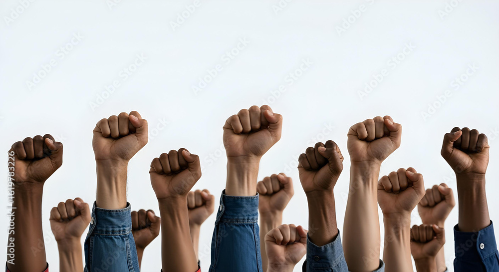 Fototapeta premium Close-up of diverse raised fists symbolizing unity, strength, and solidarity. 