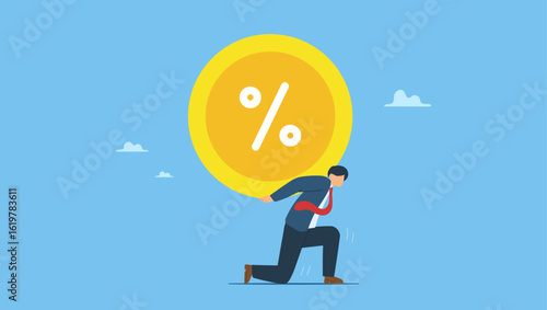 Vector illustration of businessman carry heavy percentage interest rate burden. High increasing rate or interest price concept, economic recession, debt burden risk from high interest rate.