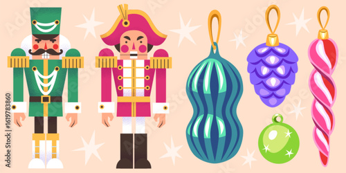 Nutcracker holiday collection. Toy soldier figures in green and pink uniform with decorative Christmas tree bauble ornaments. Festive ballet characters for seasonal celebrations. Cute xmas decoration