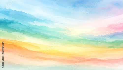 Abstract watercolor painting of layered, colorful clouds and sky.