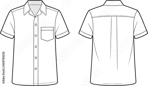 Short sleeve shirt technical drawing, front and back flat vector, button down collar, pocket design, clothing cad sketch illustration