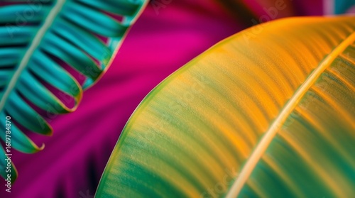 Close-up of lush tropical leaves showcasing vibrant green textures and natural details. Exotic, fresh, and calming foliage perfect for nature-inspired designs and backgrounds