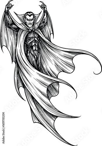 An eerie vampire with a flowing cape emerges from the darkness a creature of the night in a gothic horror fantasy
