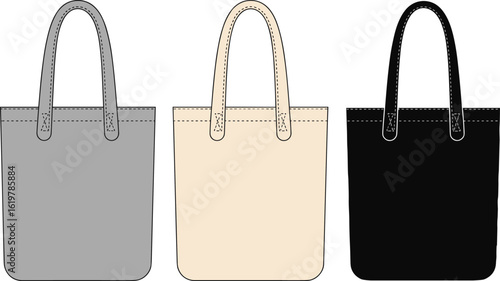 Tote bag flat vector cad drawing, minimalistic handbag sketch in grey, beige and black color, fashion accessory design illustration
