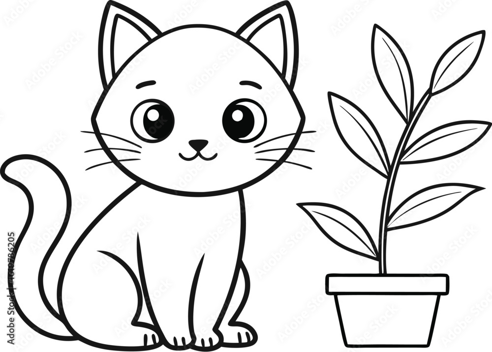 Obraz premium Cute cartoon cat and potted plant coloring page kitten