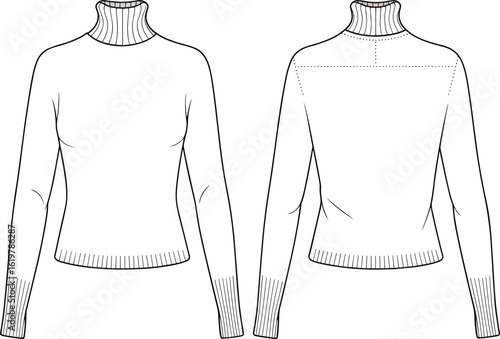 Turtleneck sweater technical flat sketch, long sleeve knitwear design, fashion CAD drawing, vector illustration, women’s apparel front and back view