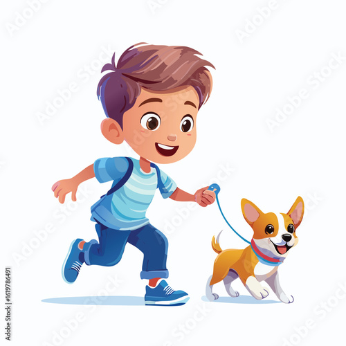 Cartoon boy running with a happy dog on a leash against a white background
