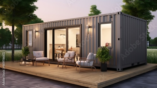 Small container house concept on a matte taupe background, industrial yet cozy design, corrugated metal textures visible .