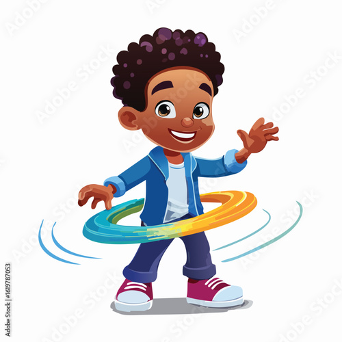 Illustration of a cheerful young boy playing with a colorful hula hoop on a white background.