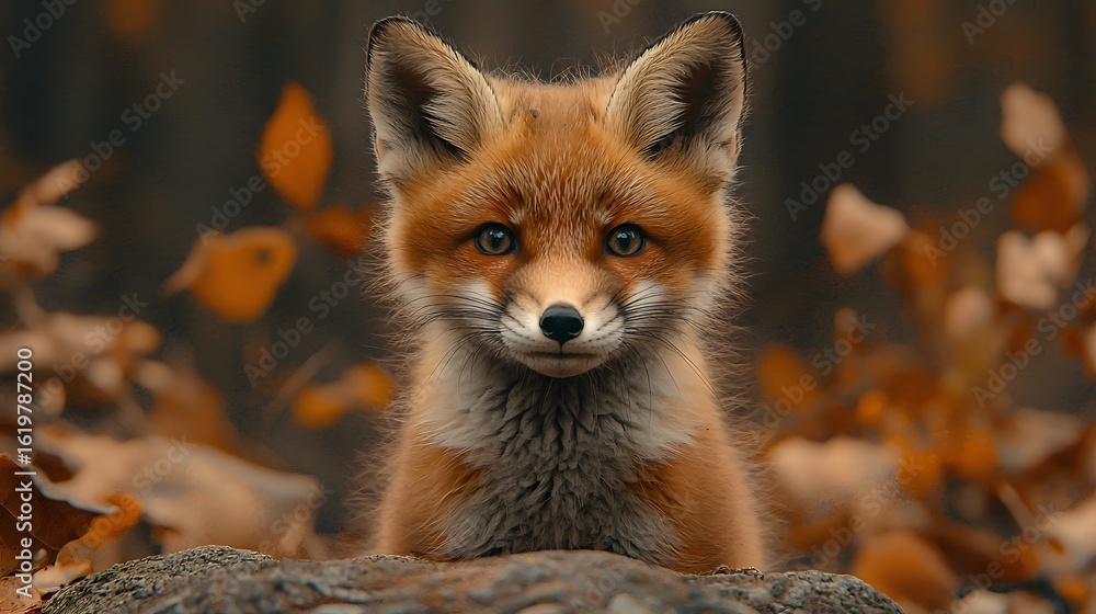 Fototapeta premium A curious fox kit exploring the autumn foliage with cautious steps