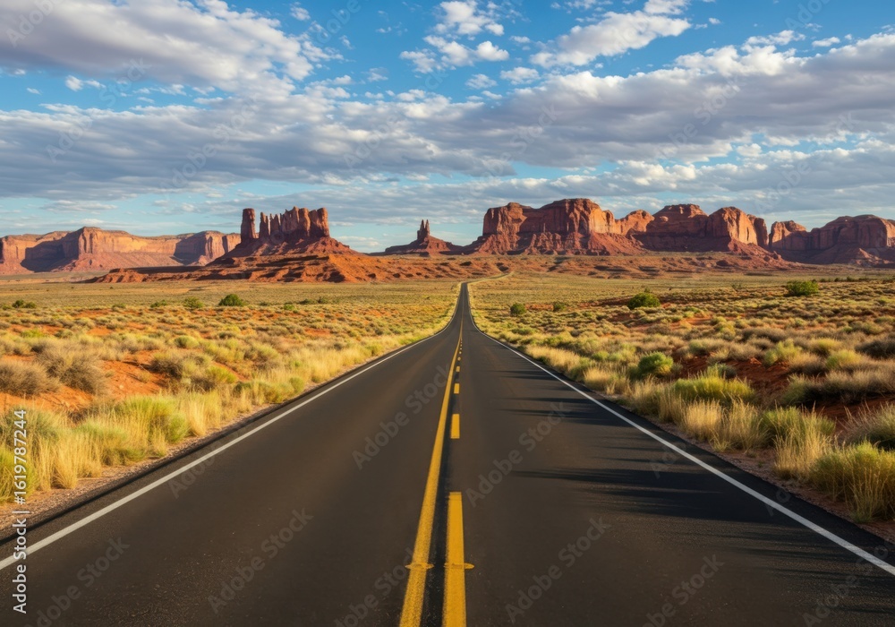 Fototapeta premium Straight road leading to monument valley under a cloudy sky view