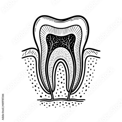 Tooth cross-section anatomy vector illustration in engraving style