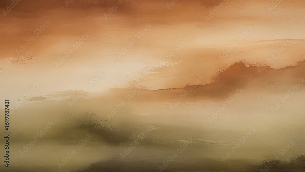 Fototapeta premium Abstract Watercolor Painting with Flowing Organic Shapes in Earthy Ochre, Terracotta, and Beige Tones, Featuring Moss Green and Rose Blush Accents, Soft Lighting, Tranquil Natural Composition