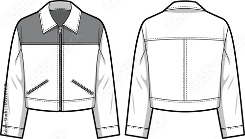 Zip up cropped jacket, two tone design, fashion flat sketch, front and back view, vector cad drawing, technical template, outerwear