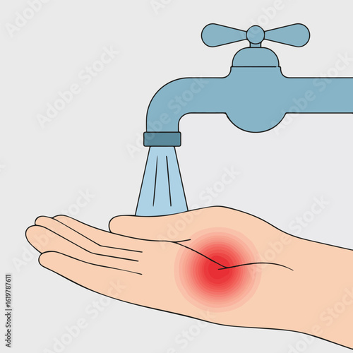 Injured hand under running tap water with red inflamed area to treat pain and reduce swelling on skin