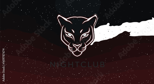 Panther head neon outline with galaxy background, nightclub poster design, futuristic animal face art, glowing vector lines for party, music, club event artwork.