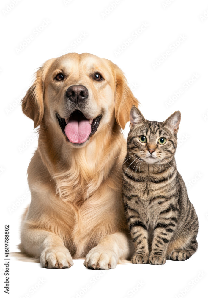Fototapeta premium Healthy golden retriever dog and tabby cat posing relaxed in a professional studio with pristine transparent background, soft lighting, conveying joy and curious serenity. Concept of animal friendship