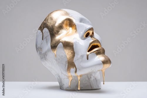 Abstract White and Gold Sculpture of a Melting Face. High quality