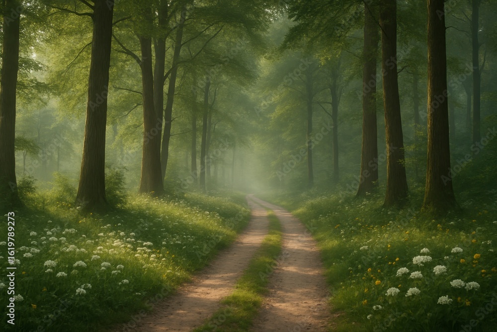 Fototapeta premium Escape to this enchanting forest path with dappled sunlight and wildflowers for a peaceful mindful moment