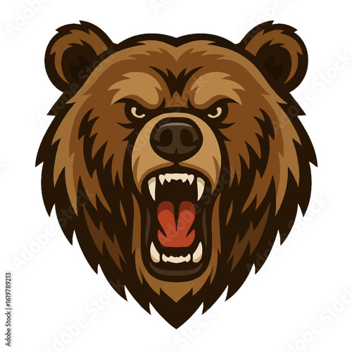 Roaring Grizzly Bear Head Front View Vector Illustration – Fierce Wild Animal Icon in Flat Style