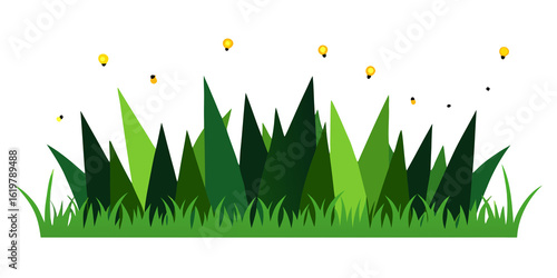 Green grass blades with yellow glowing orbs against black background night dark background
